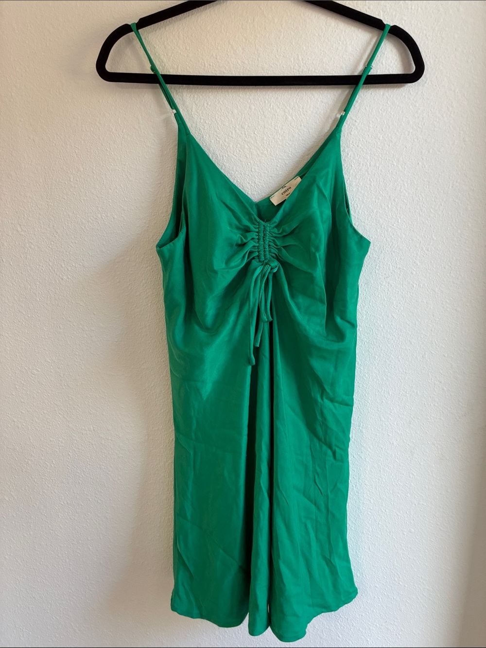 entro Green Ruched Front Spaghetti Strap Mini Dress